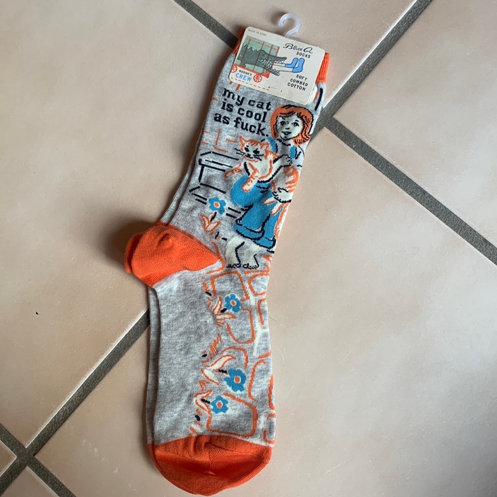 Blue Q “my cat is cool as fuck” socks